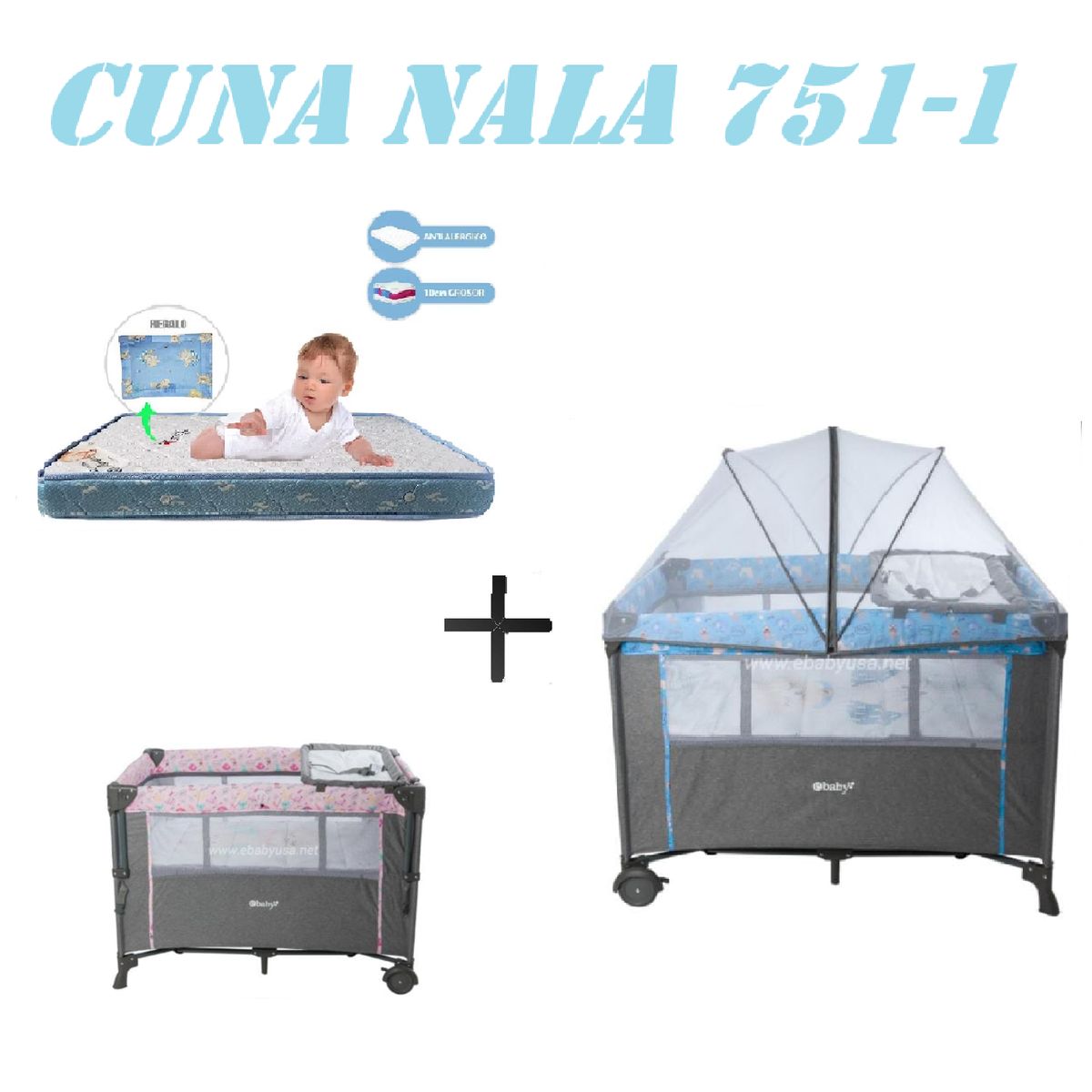 EBABY - Cuna Colecho Cambiador Nala Colchon Azul -Azul