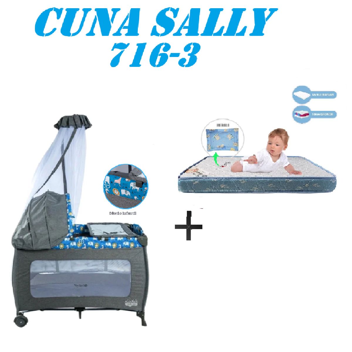 EBABY - Cuna Corral Ebaby 716-3 Sally Colchon Azul -Azul