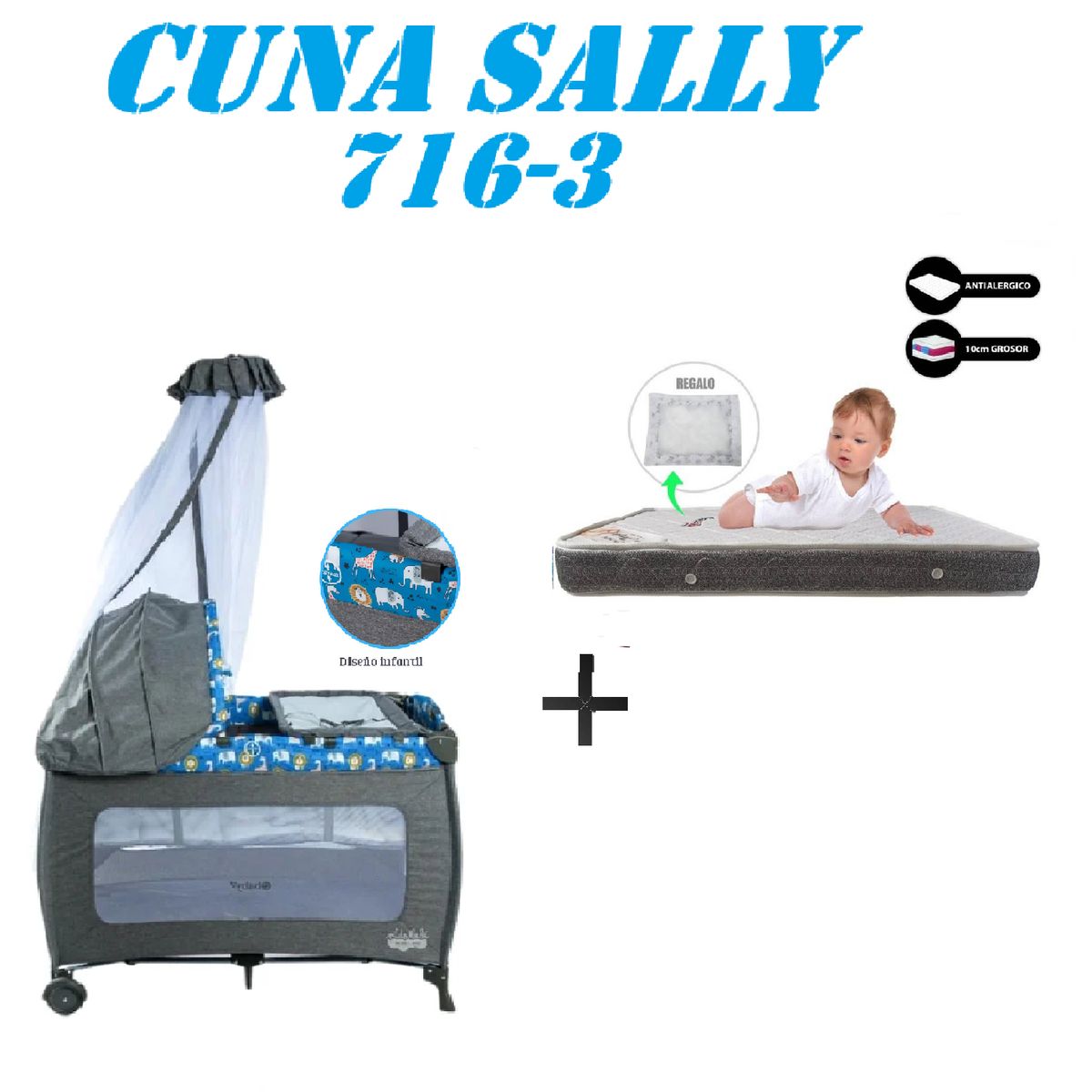 EBABY - Cuna Corral Ebaby 716-3 Sally Colchon Azul -Gris