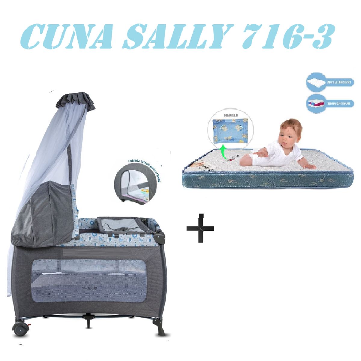 EBABY - Cuna Corral Ebaby 716-3 Sally Colchon Gris-Azul