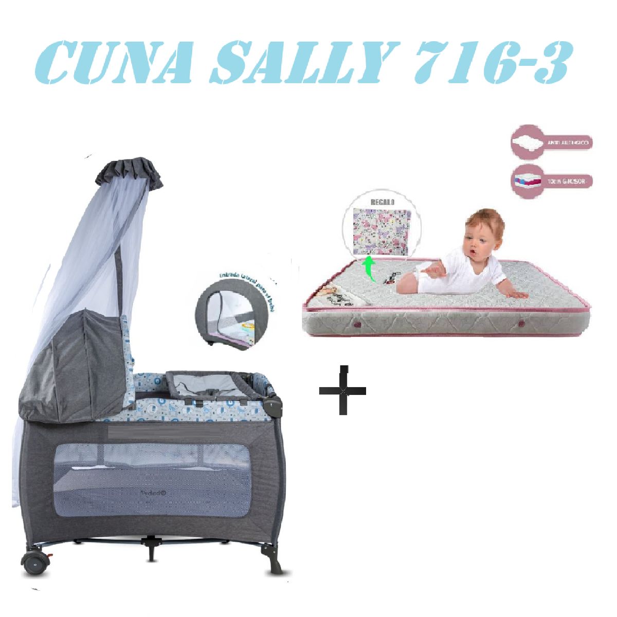 EBABY - Cuna Corral Ebaby 716-3 Sally Colchon Gris-Rosa