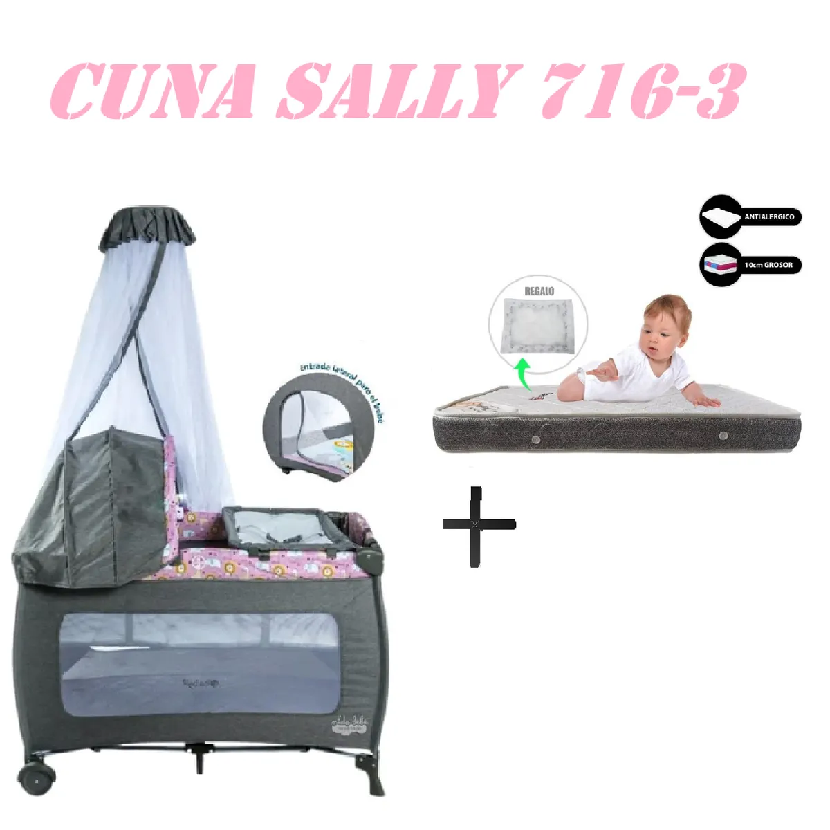EBABY - Cuna Corral Ebaby 716-3 Sally Colchon Rosa-Gris