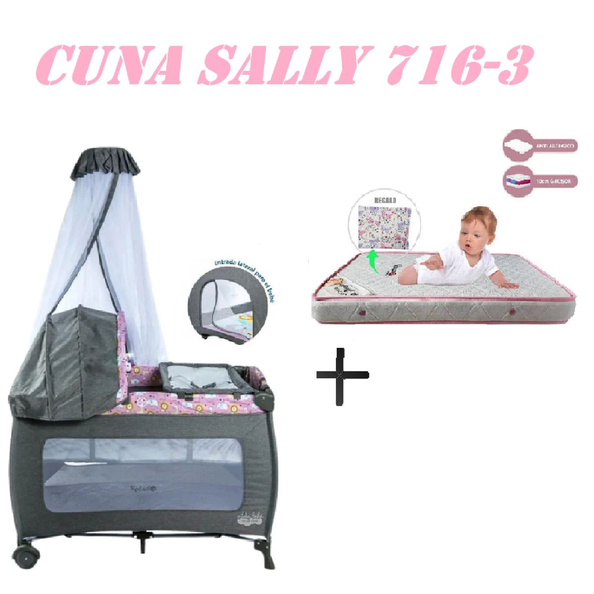 EBABY - Cuna Corral Ebaby 716-3 Sally Colchon Rosa-Rosa