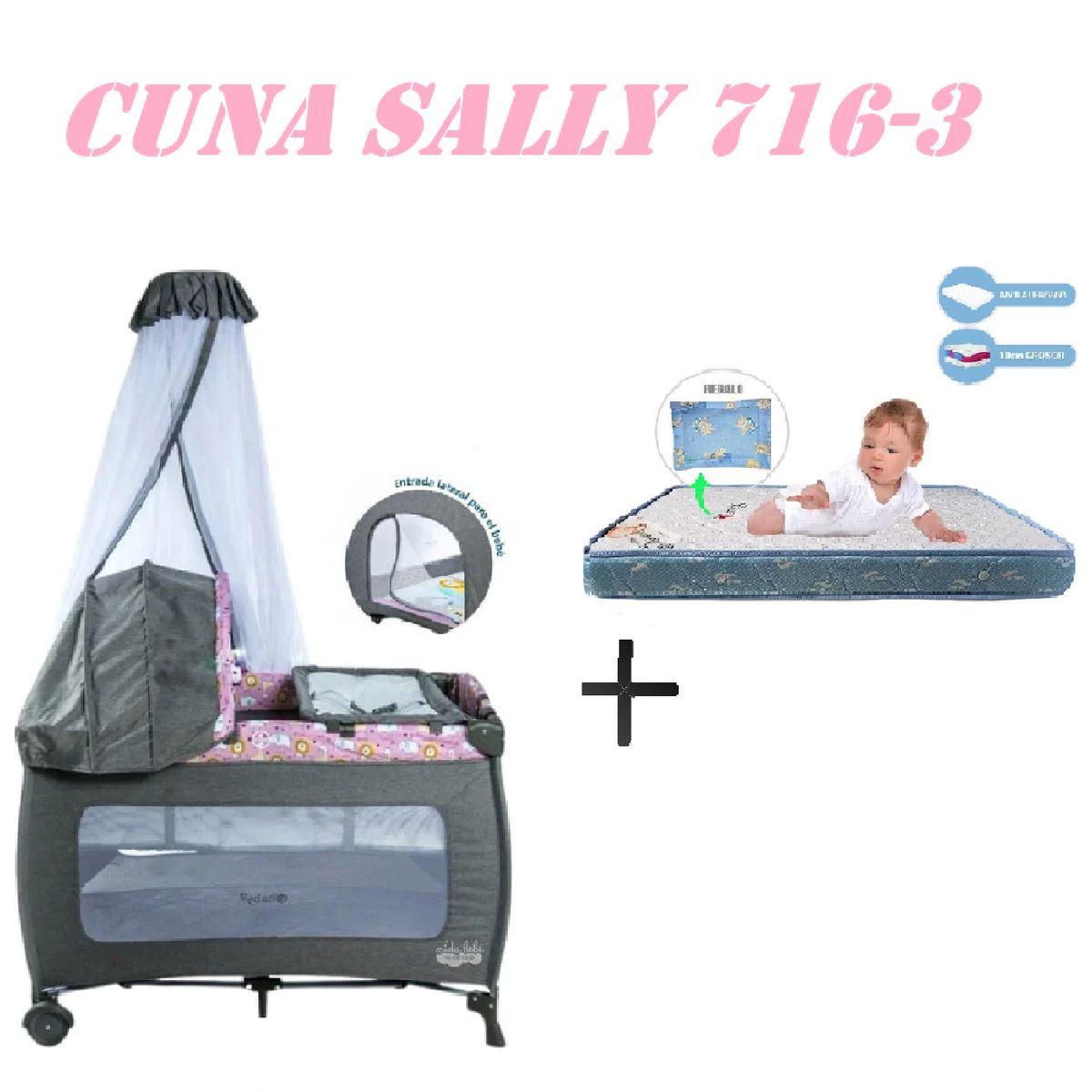 EBABY - Cuna Corral Ebaby 716-3 Sally Colchon Rosa-Azul