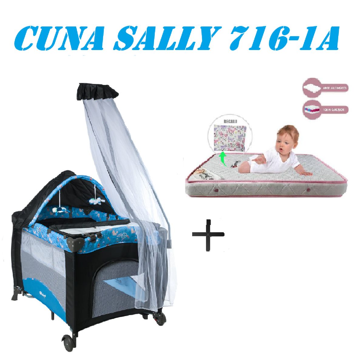 EBABY - Cuna Corral Sally 716-1A Colchon Azul -Rosa