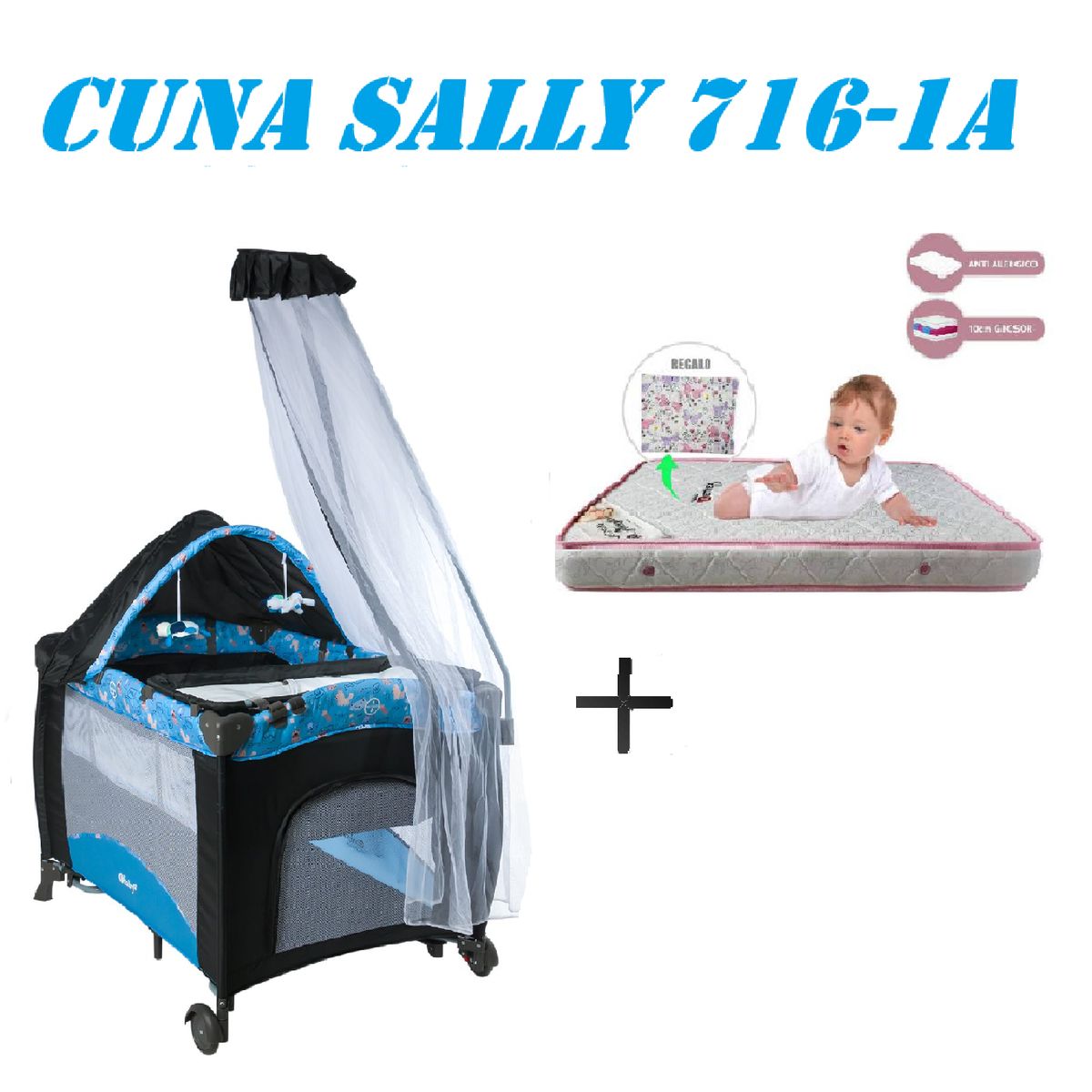 EBABY - Cuna Corral Sally 716-1A Colchon Azul -Rosa
