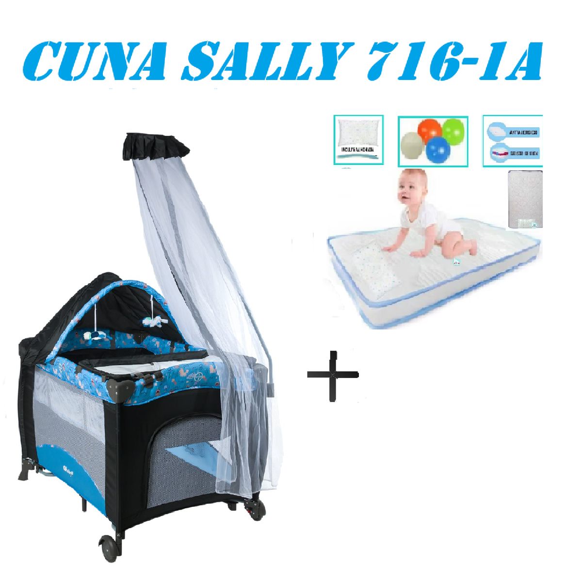EBABY - Cuna Corral Sally 716-1A Colchon Azul -Celeste