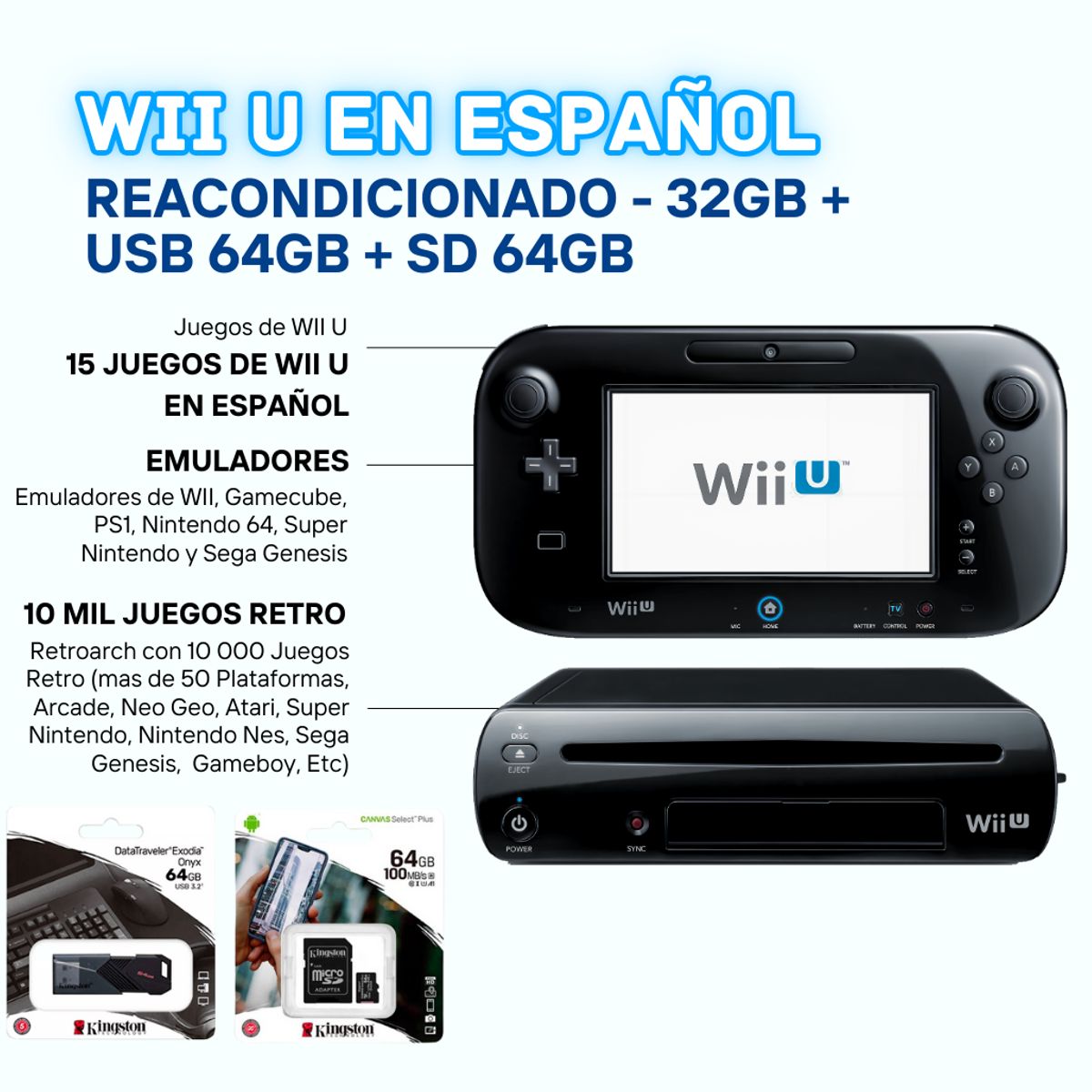 NINTENDO - Nintendo Wii U Negro Reacondicionada 32GB + USB 64GB + SD 64GB