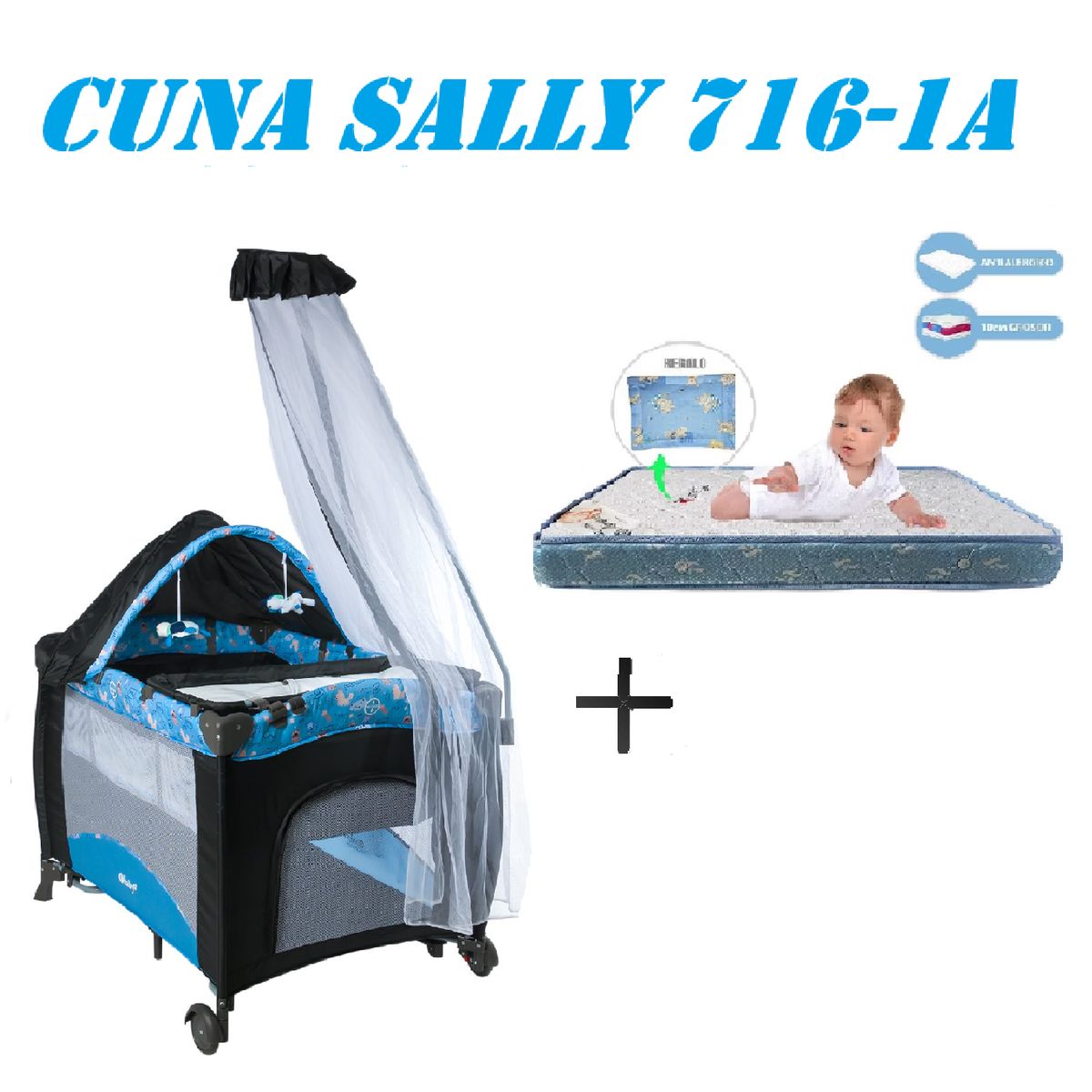 EBABY - Cuna Corral Sally 716-1A Colchon Azul -Gris