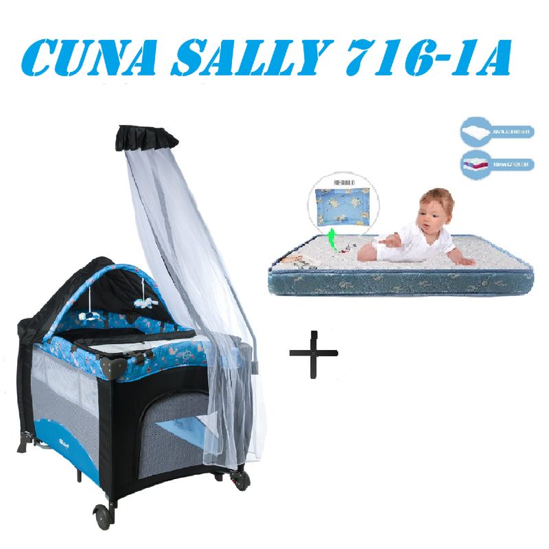 EBABY - Cuna Corral Sally 716-1A Colchon Azul -Gris