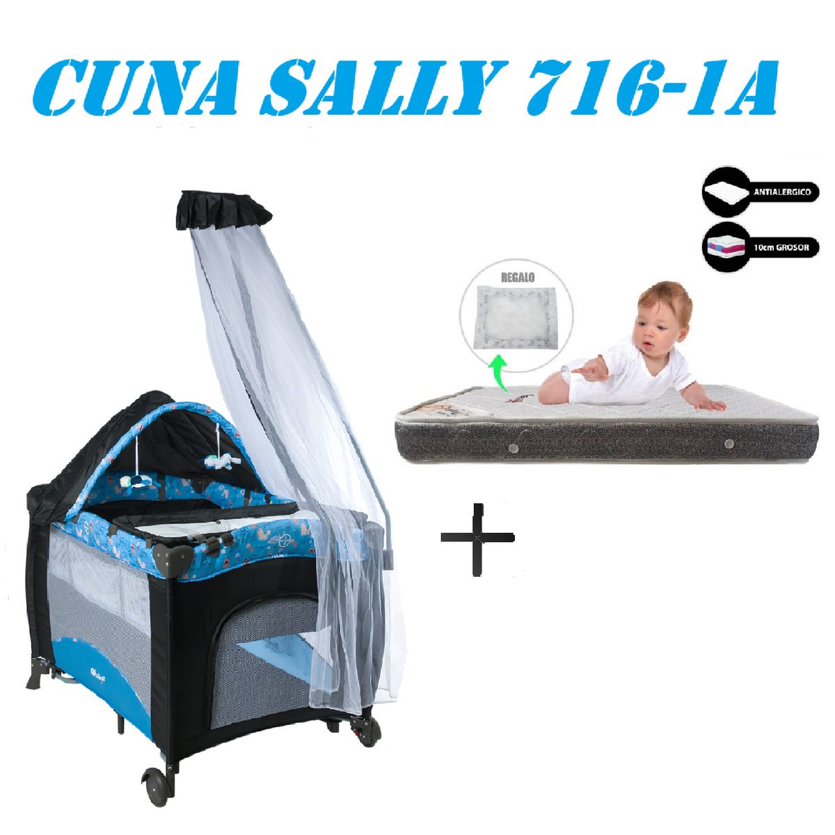EBABY - Cuna Corral Sally 716-1A Colchon Azul -Gris