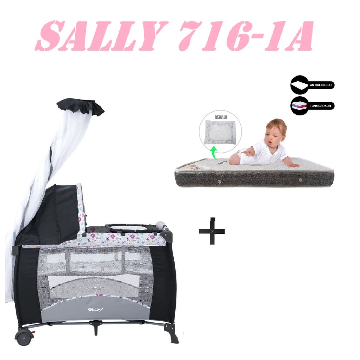 EBABY - Cuna Corral Sally 716-1A Colchon Rosa-Gris