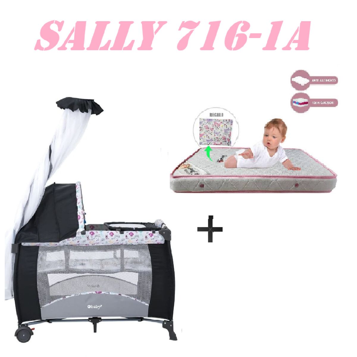 EBABY - Cuna Corral Sally 716-1A Colchon Rosa-Rosa