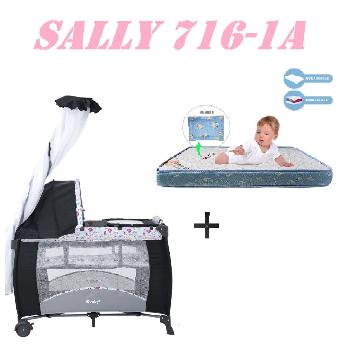 EBABY - Cuna Corral Sally 716-1A Colchon Rosa-Azul