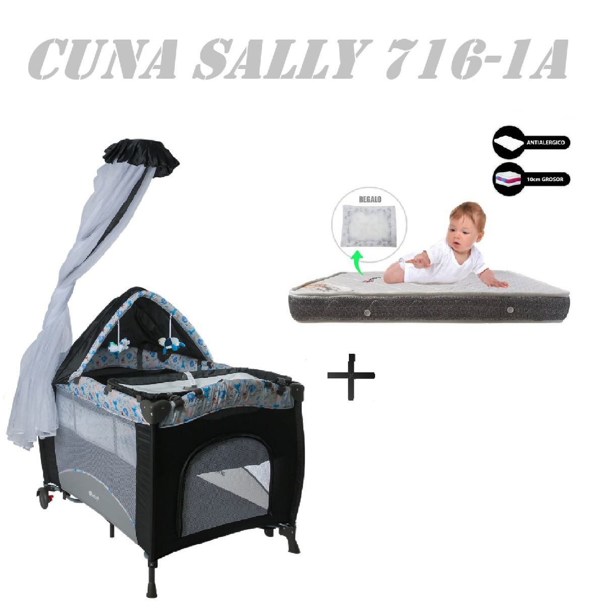 EBABY - Cuna Corral Sally 716-1A Colchon Gris-Gris