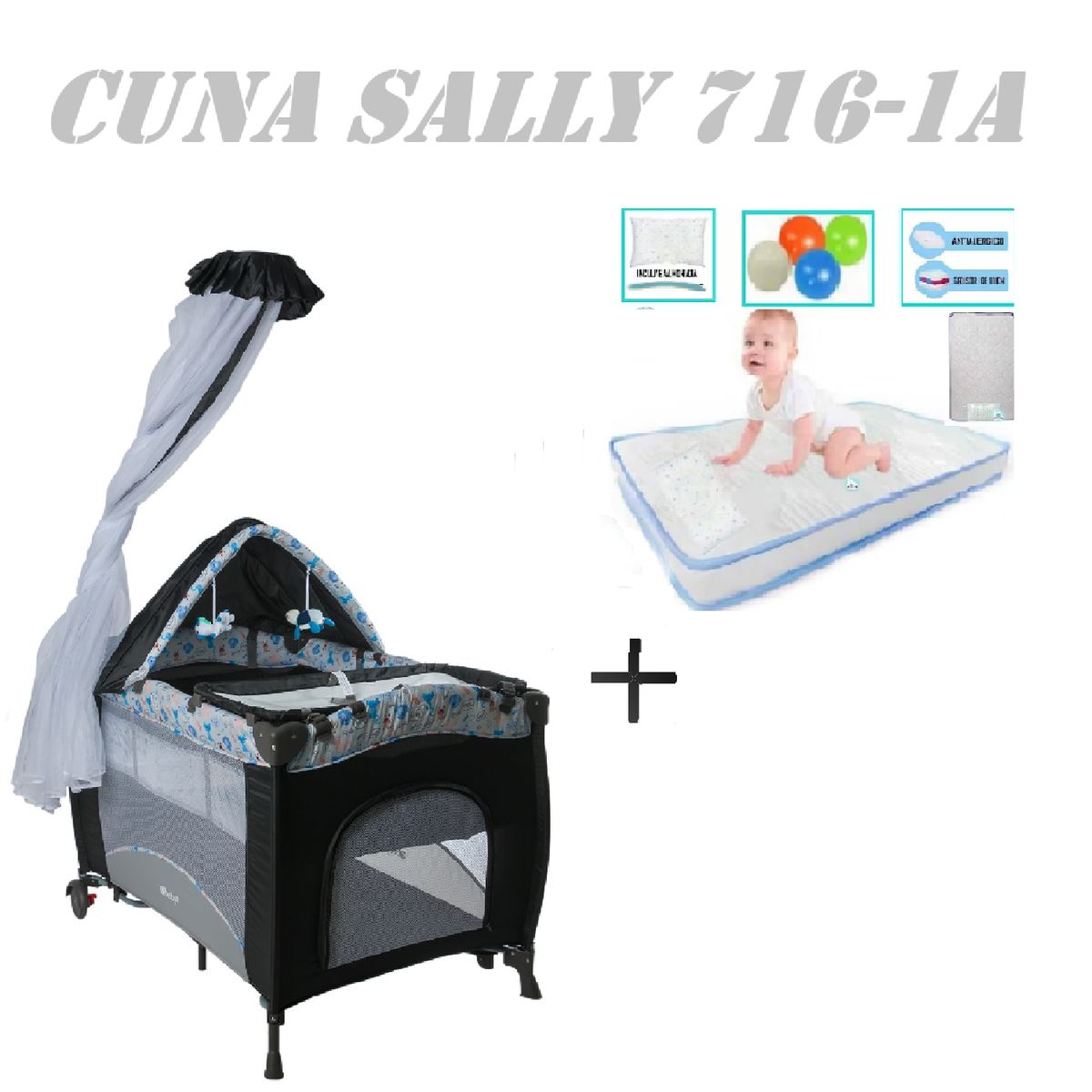 EBABY - Cuna Corral Sally 716-1A Colchon Gris-Celeste
