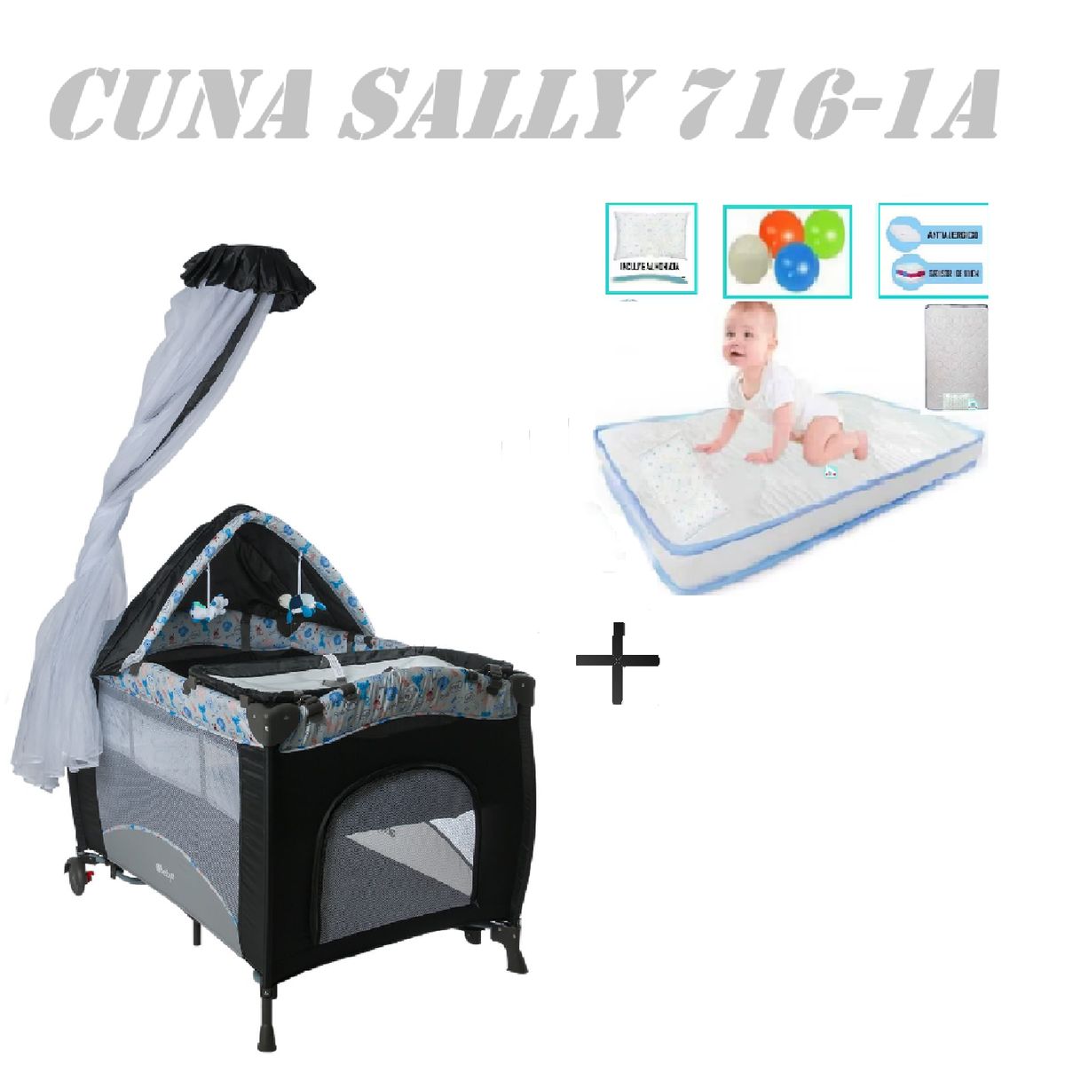 EBABY - Cuna Corral Sally 716-1A Colchon Gris-Celeste