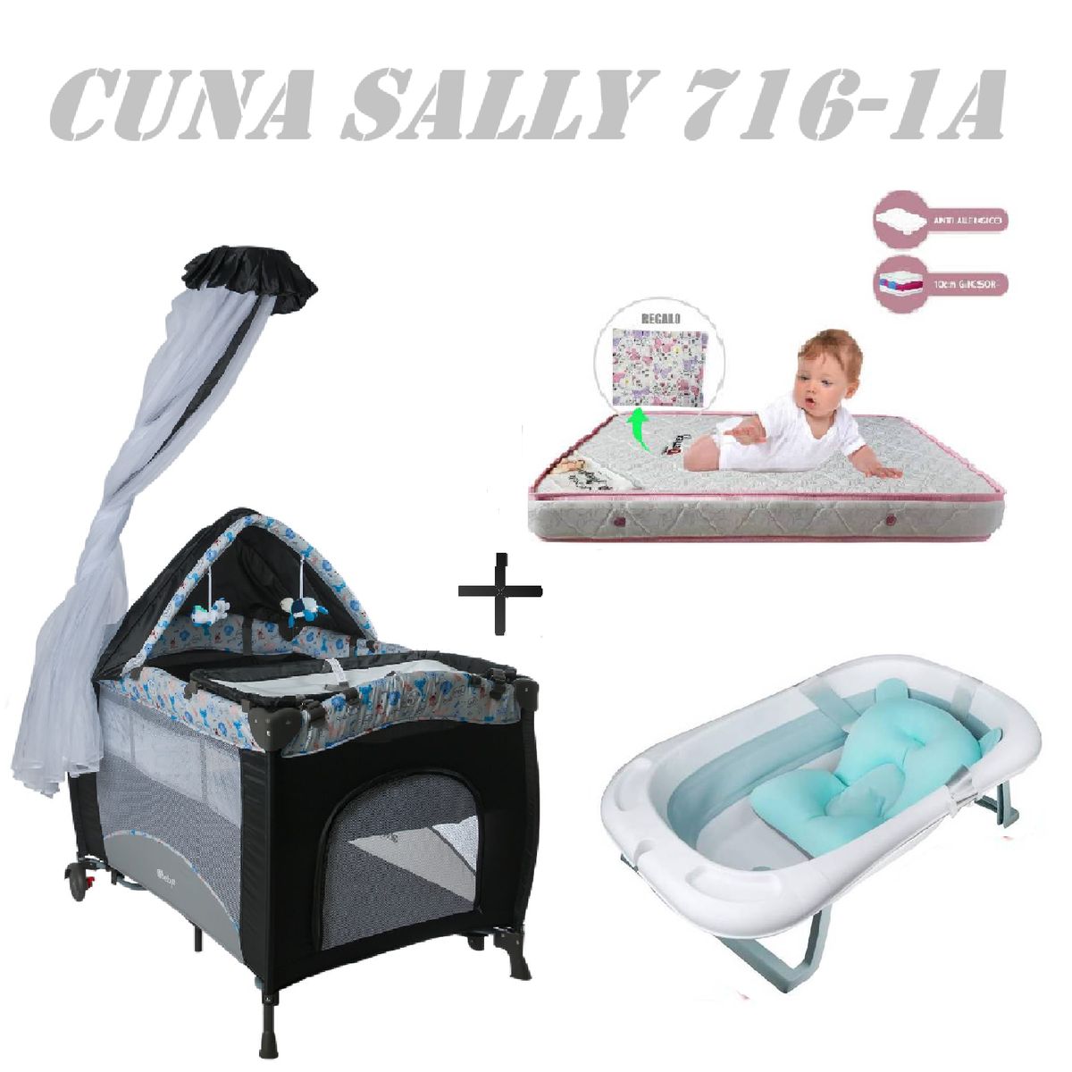 EBABY - Cuna Sally 716-1A Tina Azul Colchon Gris-Rosa