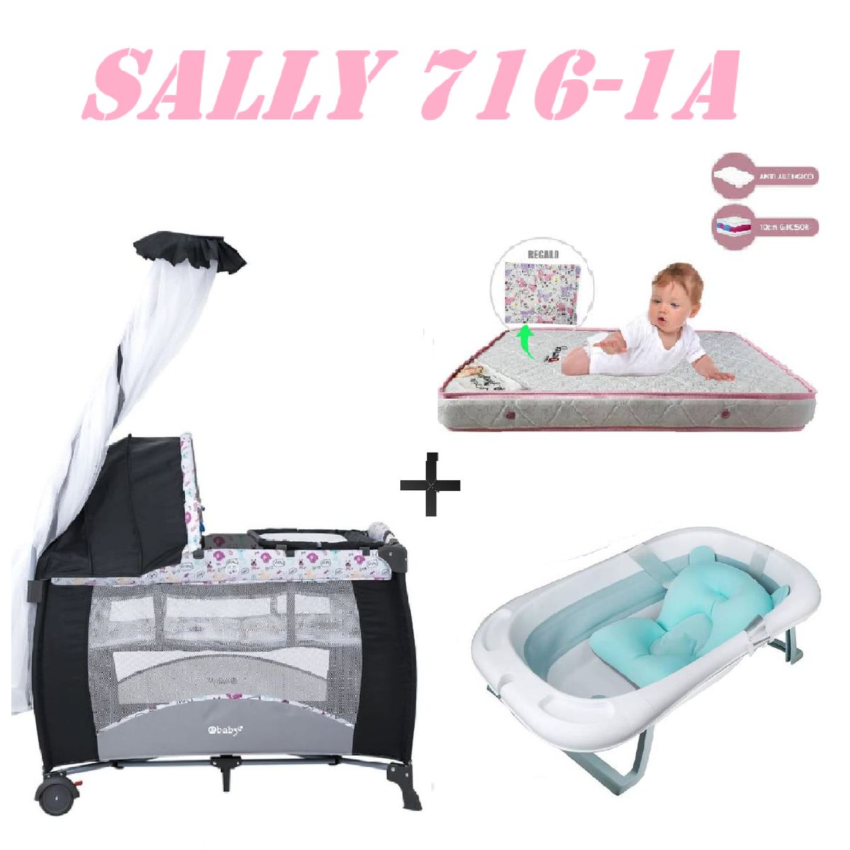 EBABY - Cuna Sally 716-1A Tina Azul Colchon Rosa -Rosa