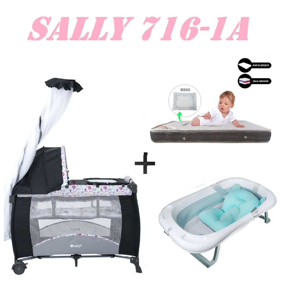 EBABY - Cuna Sally 716-1A Tina Azul Colchon Rosa -Gris