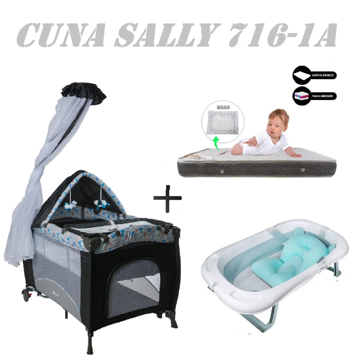 EBABY - Cuna Sally 716-1A Tina Azul Colchon Gris-Gris