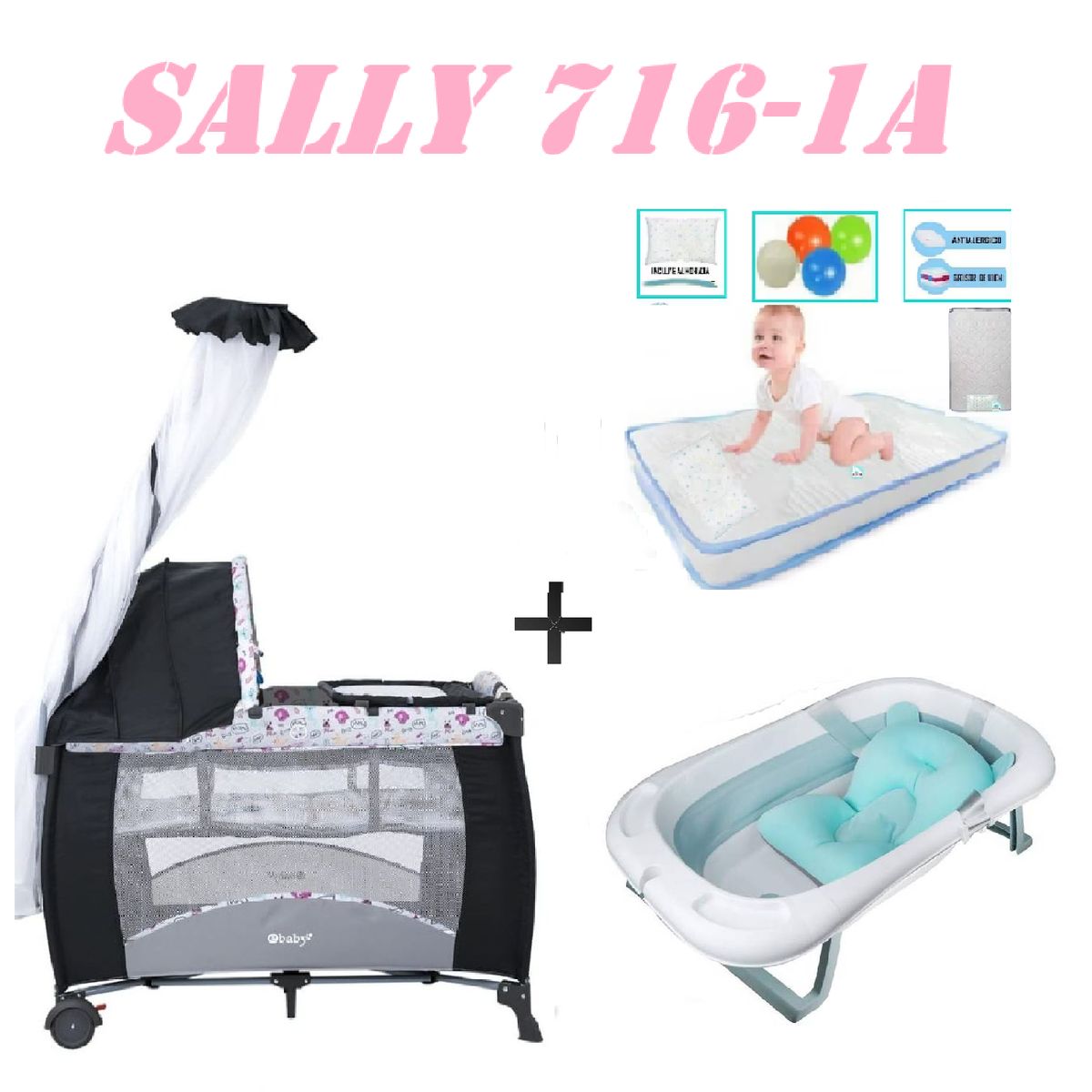 EBABY - Cuna Sally 716-1A Tina Azul Colchon Rosa -Celeste