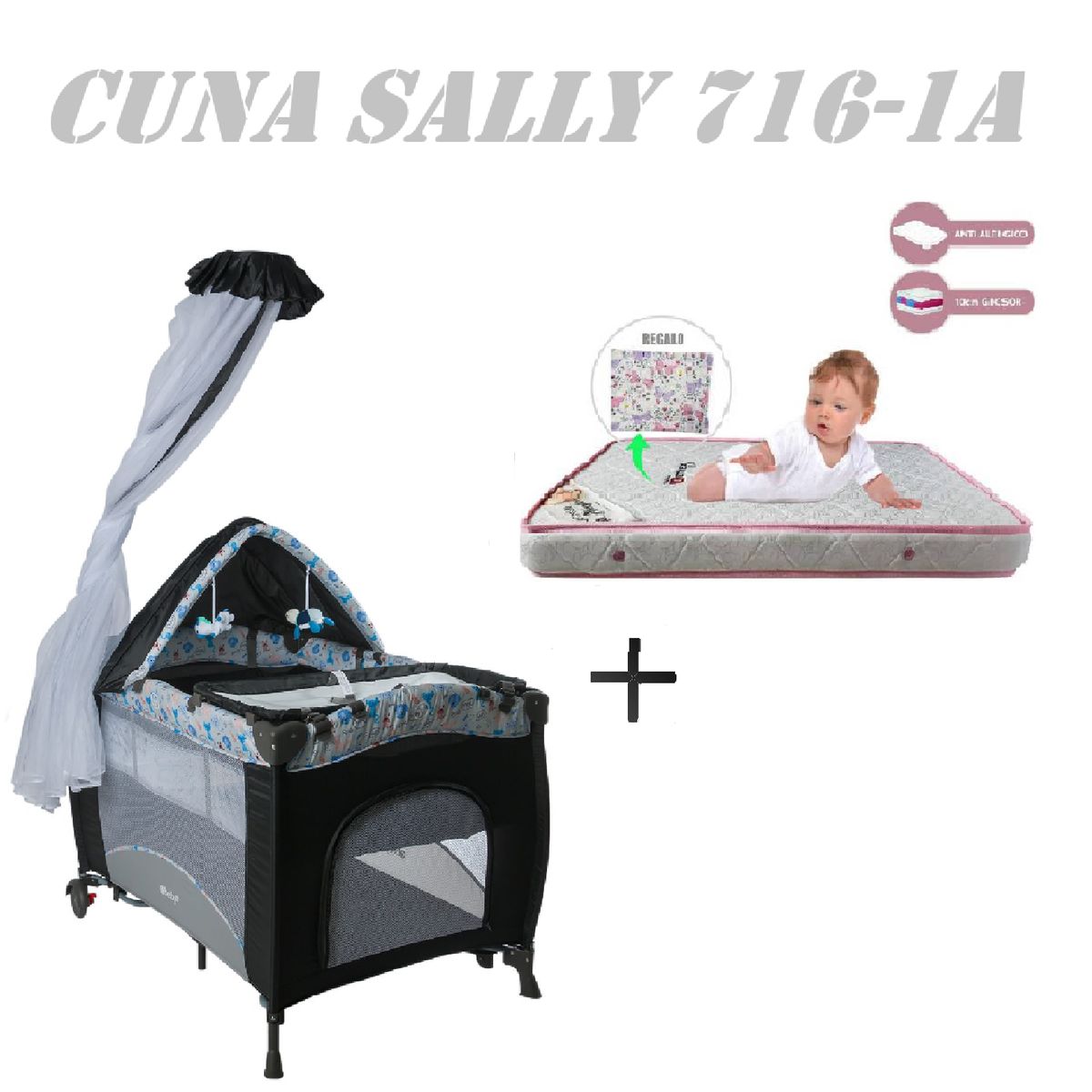 EBABY - Cuna Corral Sally 716-1A Colchon Gris-Rosa
