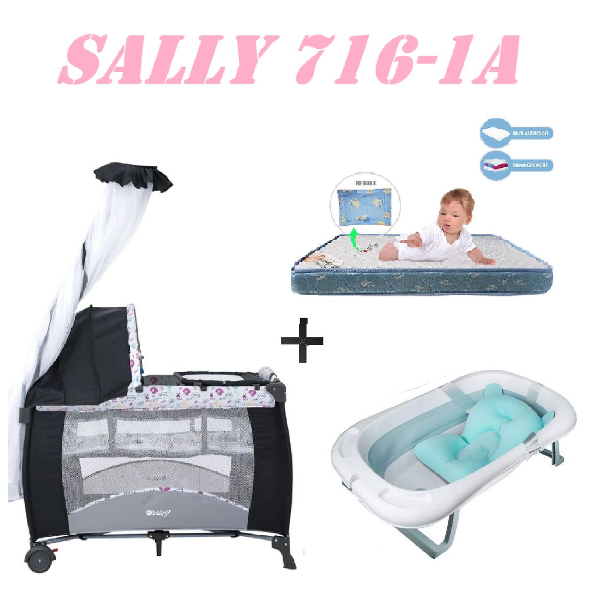 EBABY - Cuna Sally 716-1A Tina Azul Colchon Rosa -Azul