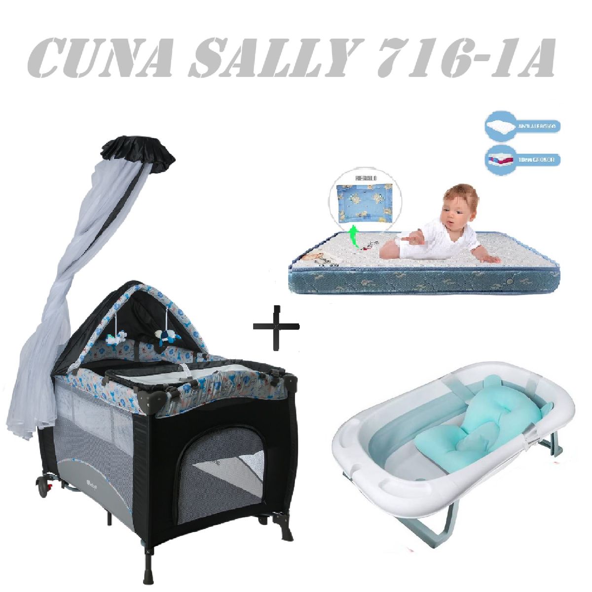 EBABY - Cuna Sally 716-1A Tina Azul Colchon Gris-Azul