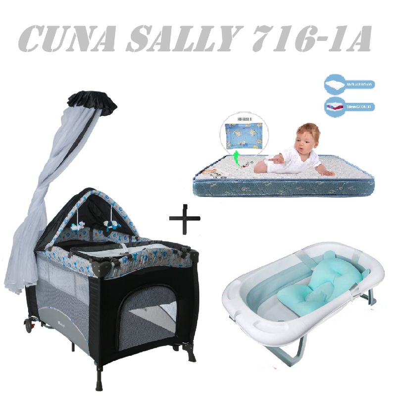EBABY - Cuna Sally 716-1A Tina Azul Colchon Gris-Azul