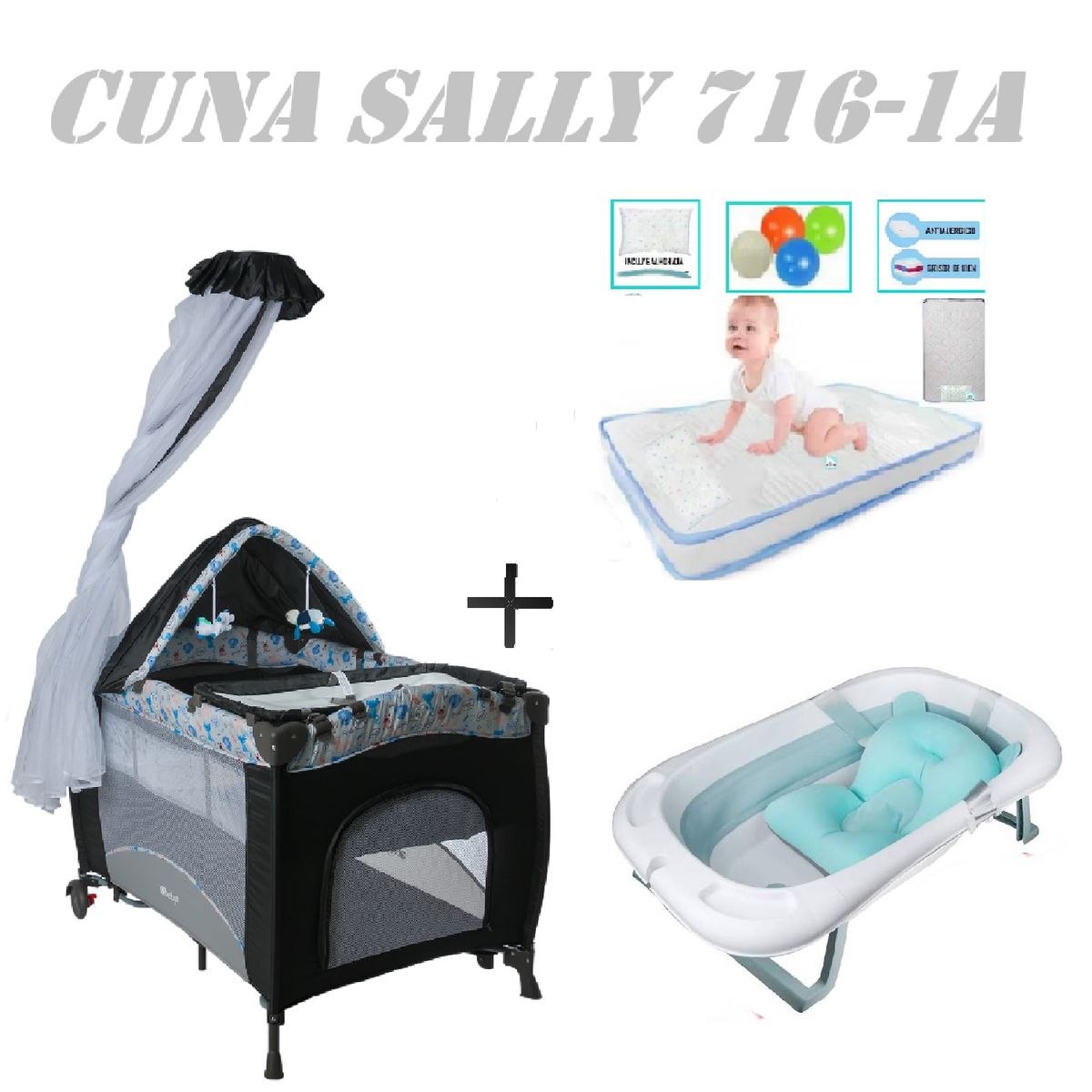 EBABY - Cuna Sally 716-1A Tina Azul Colchon Gris-Celeste