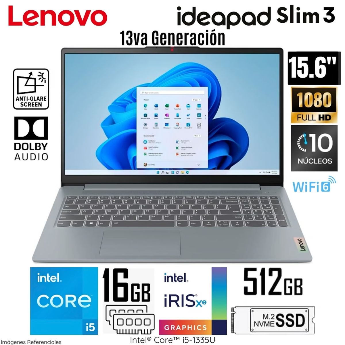LENOVO - Laptop Lenovo Ideapad Slim 3 15IRU8 Intel Core i5-1335U 16GB RAM 512GB SSD 15.6" FHD - 82X7009JLM