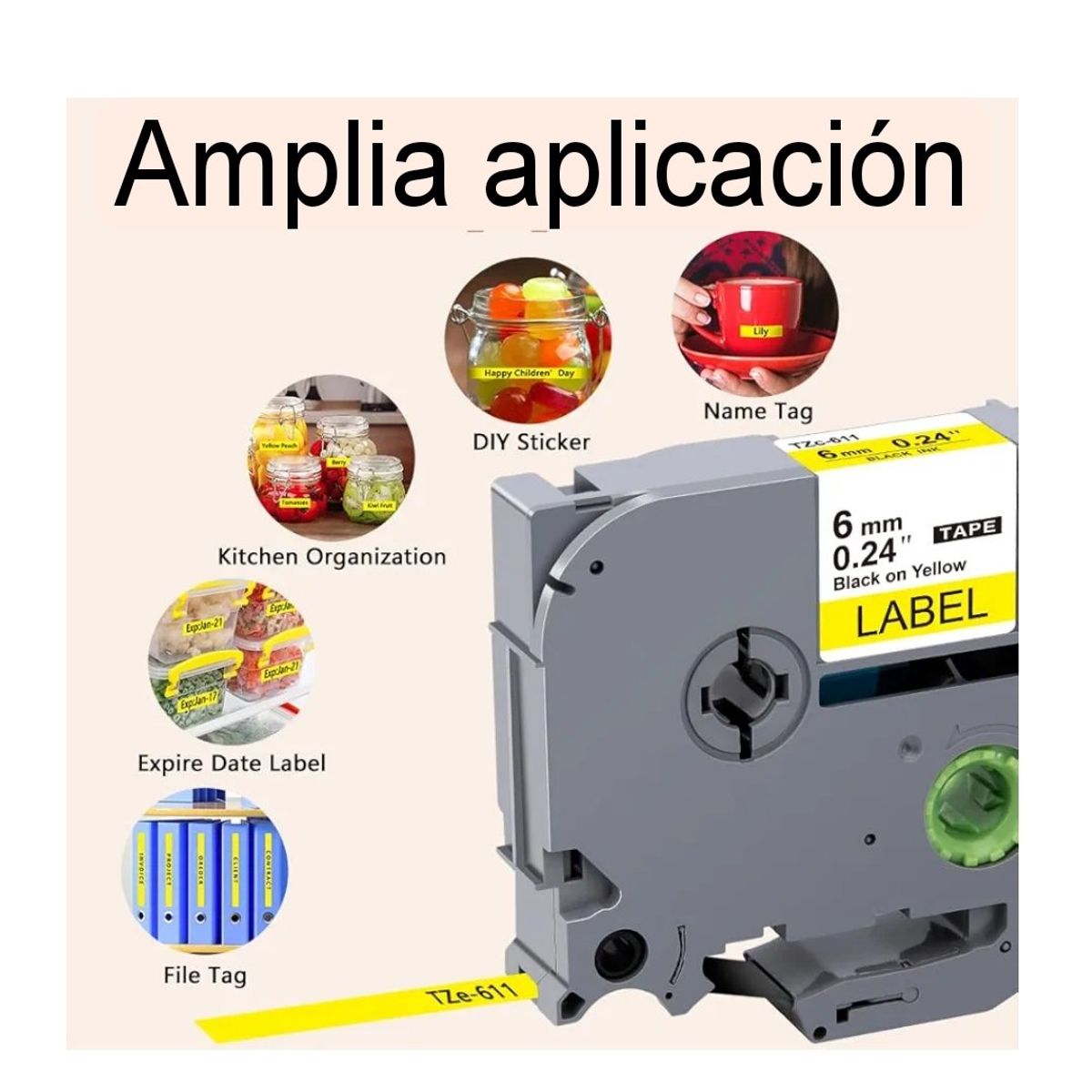 GENERICO - CINTA BROTHER COMPATIBLE Tz2-S611 6MM LETRA NEGRO SOBRE AMARILLO