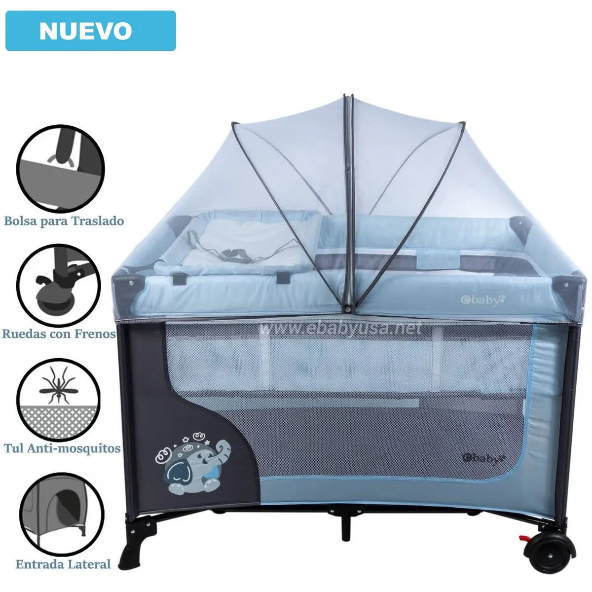 EBABY - Cuna Corral Ebaby con Cambiador Happy Dream Celeste