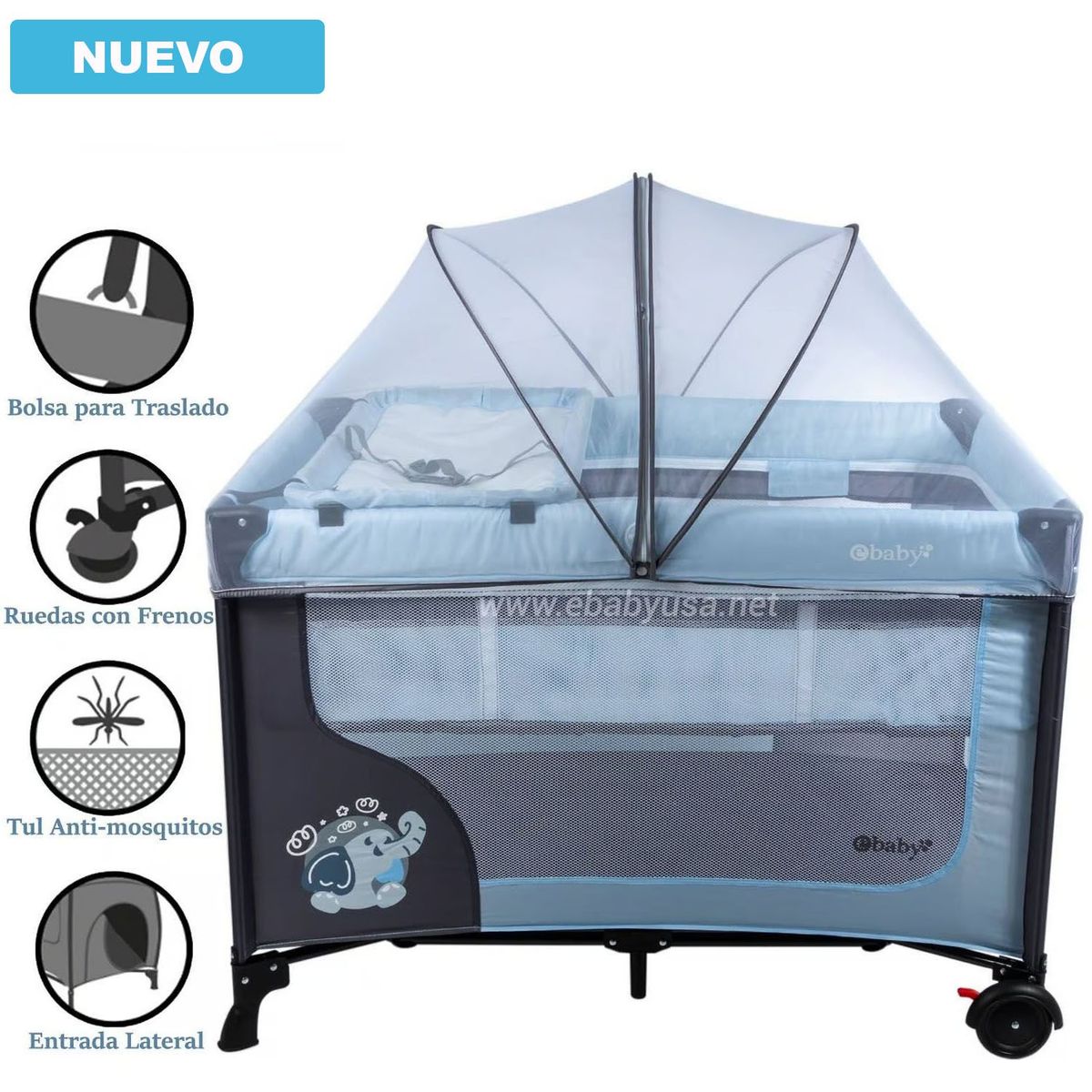 EBABY - Cuna Corral Ebaby con Cambiador Happy Dream Celeste
