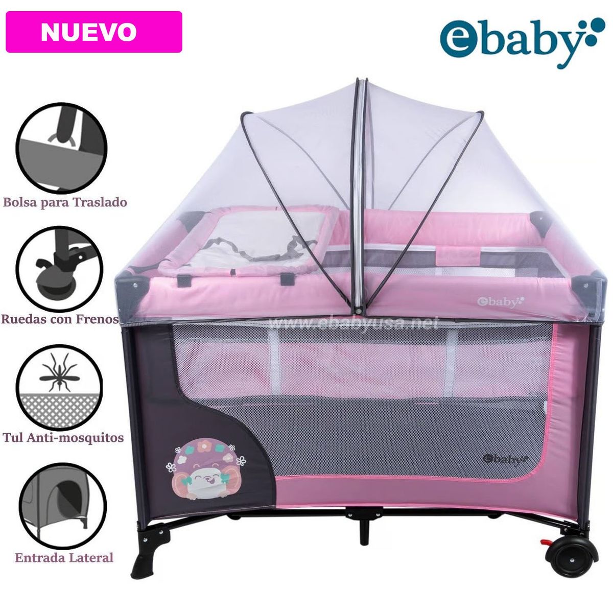 EBABY - Cuna Corral Ebaby con Cambiador Happy Dream Rosado