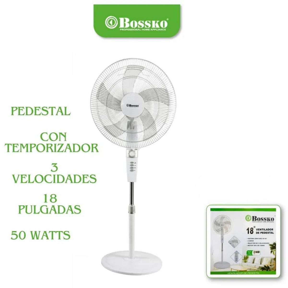BOSSKO - Ventilador de pedestal 18 watts con Temporizador blanco - BK-8457VB