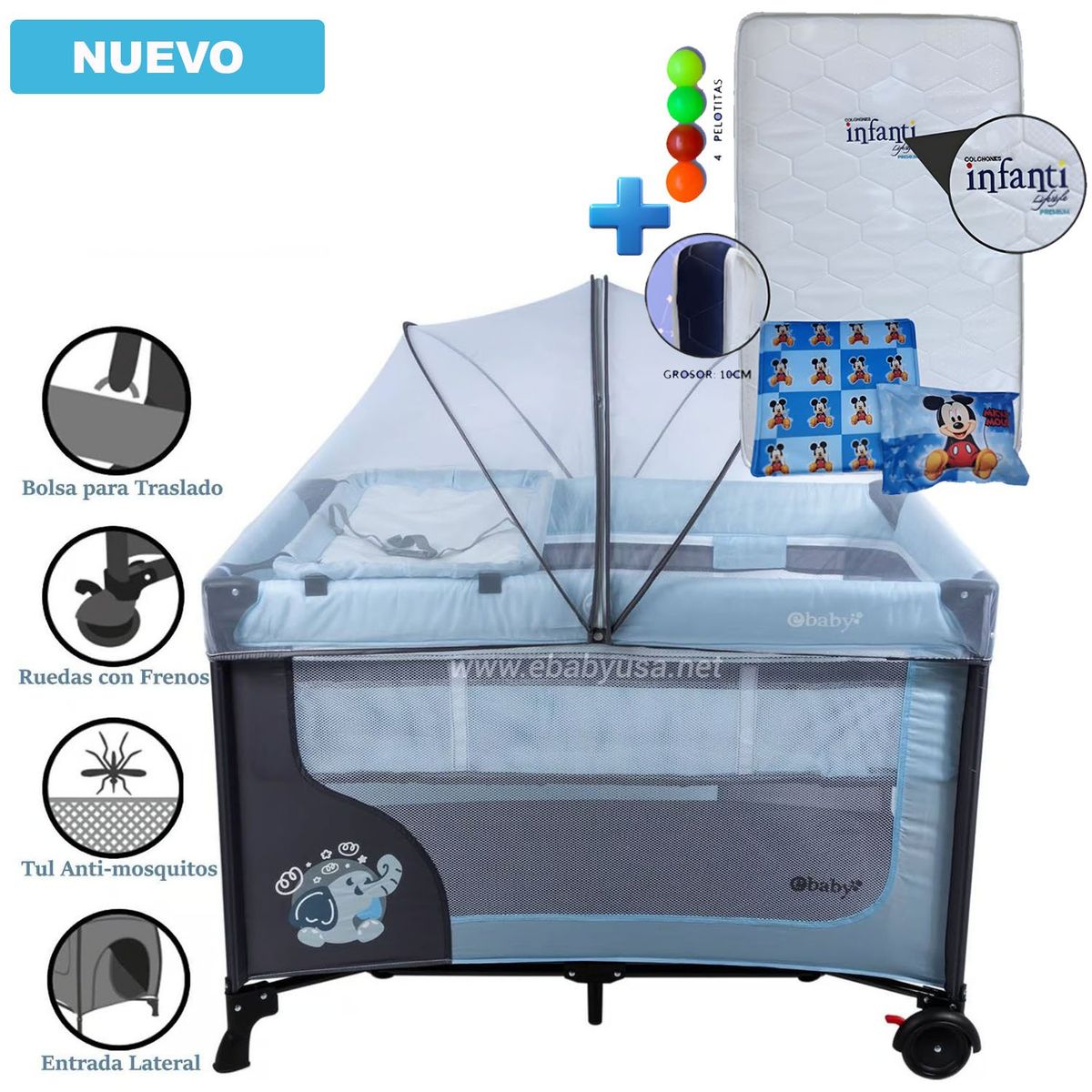 EBABY - Cuna Corral Ebaby Happy Dream Celeste +Colchón