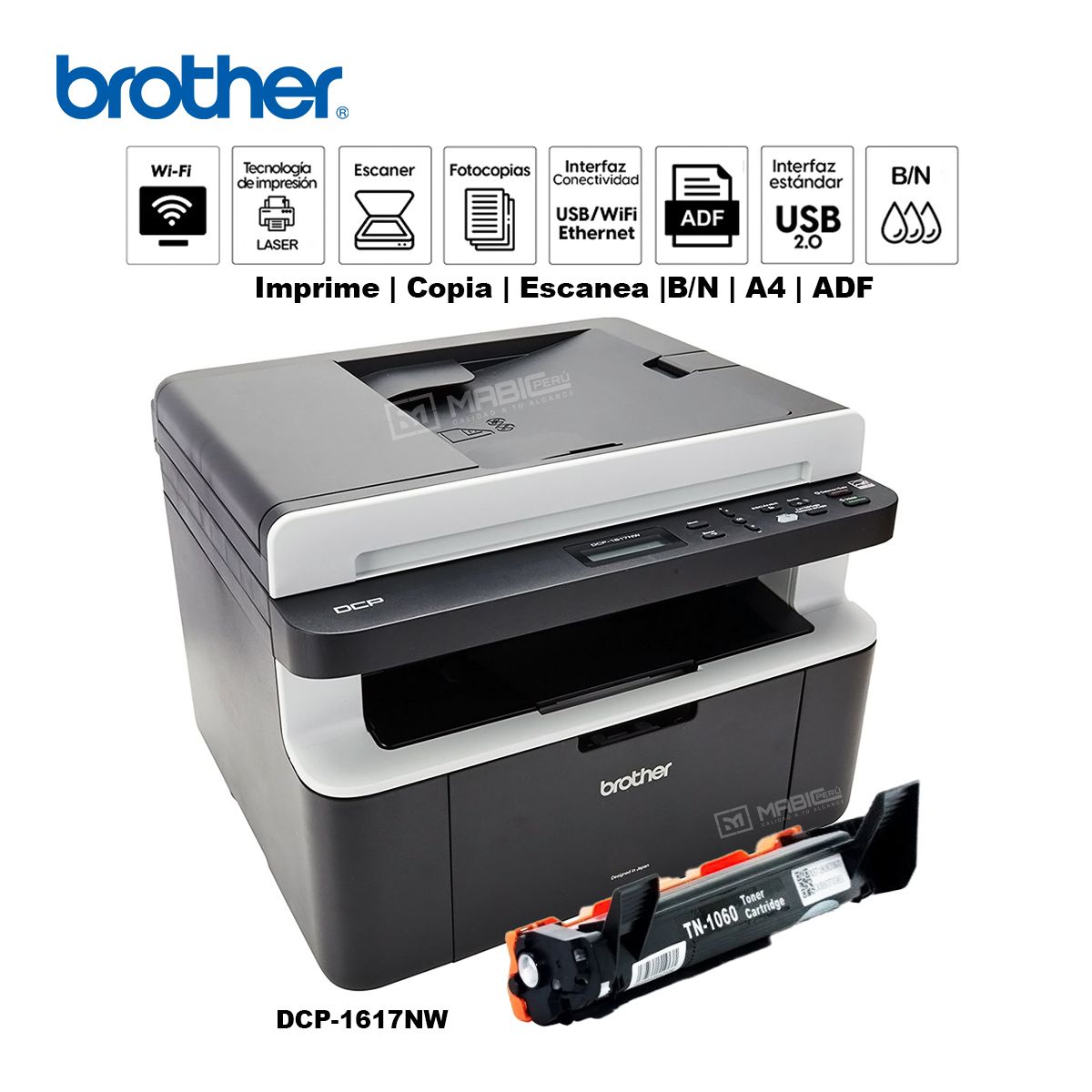 BROTHER - Impresora multifuncional Láser BN Brother DCP-1617NW WIFI Red ADF USB