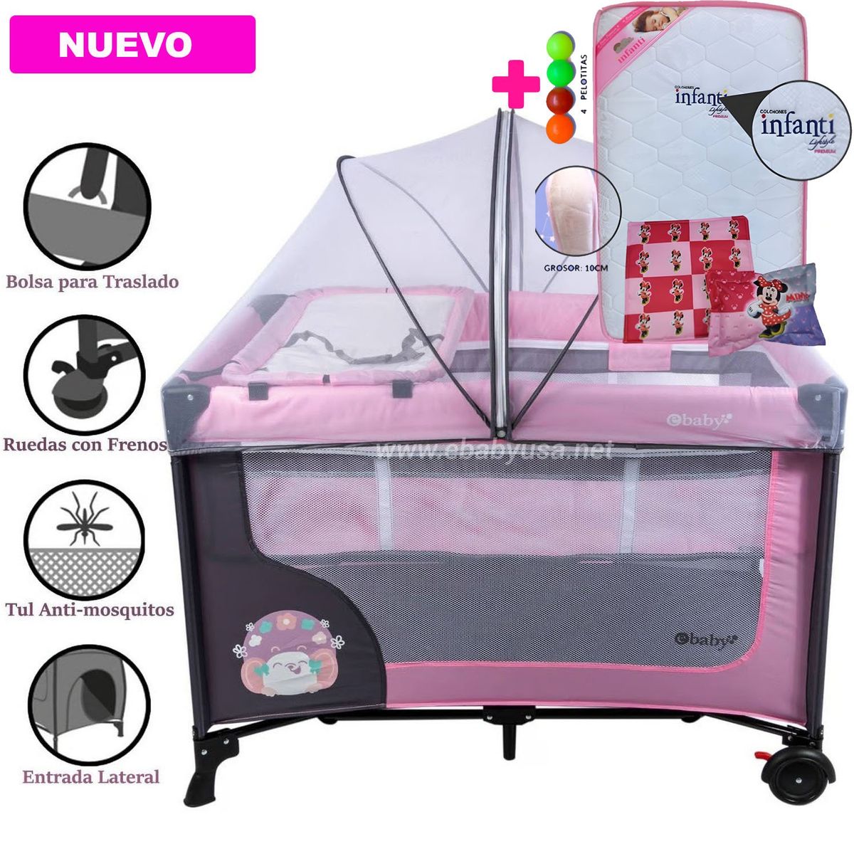 EBABY - Cuna Corral Ebaby Happy Dream Rosado +Colchón