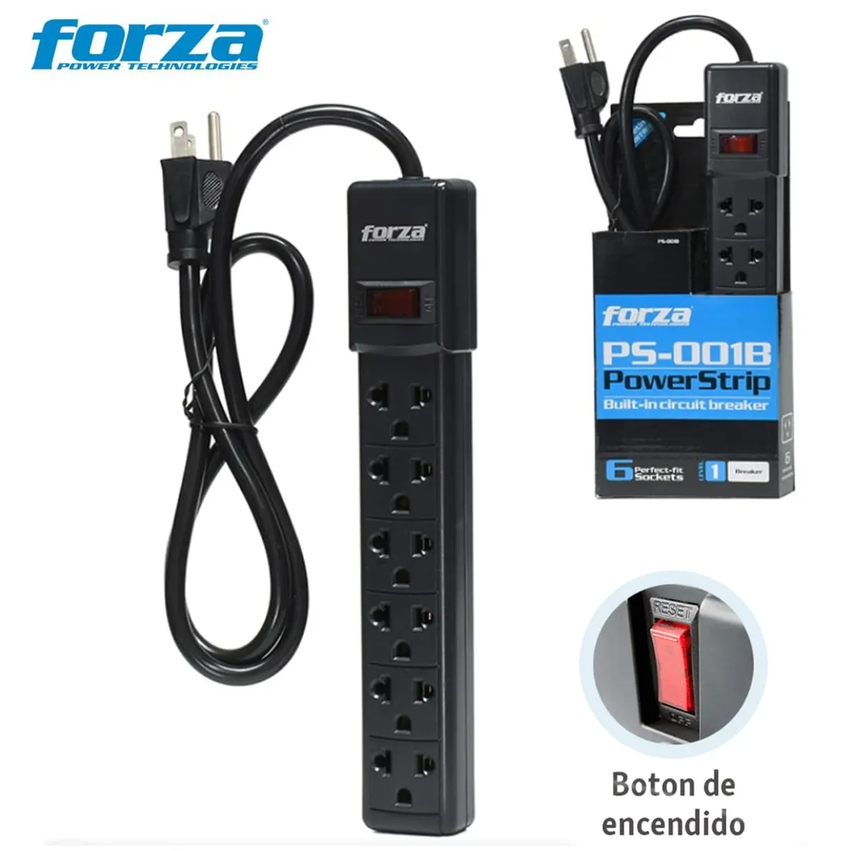 FORZA - Extensión de 6 Salidas FORZA cable 90cm regleta Supresor de Picos 2200W