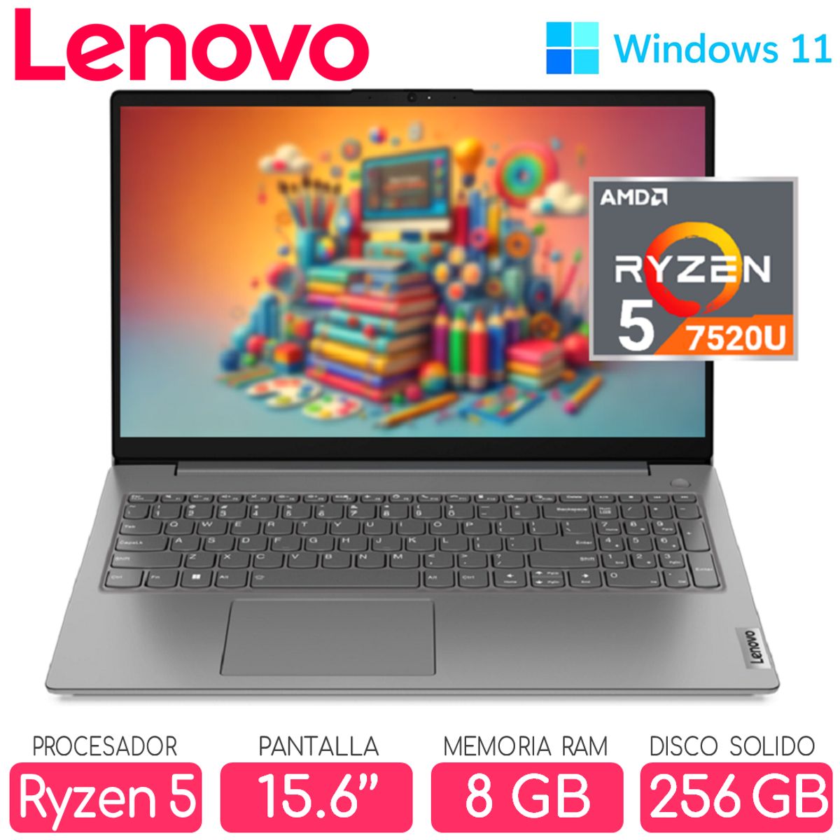 LENOVO - Laptop LENOVO Ryzen 5 7520U SSD 256gb RAM 8gb Pantalla 15.6 FHD Windows V15 G4