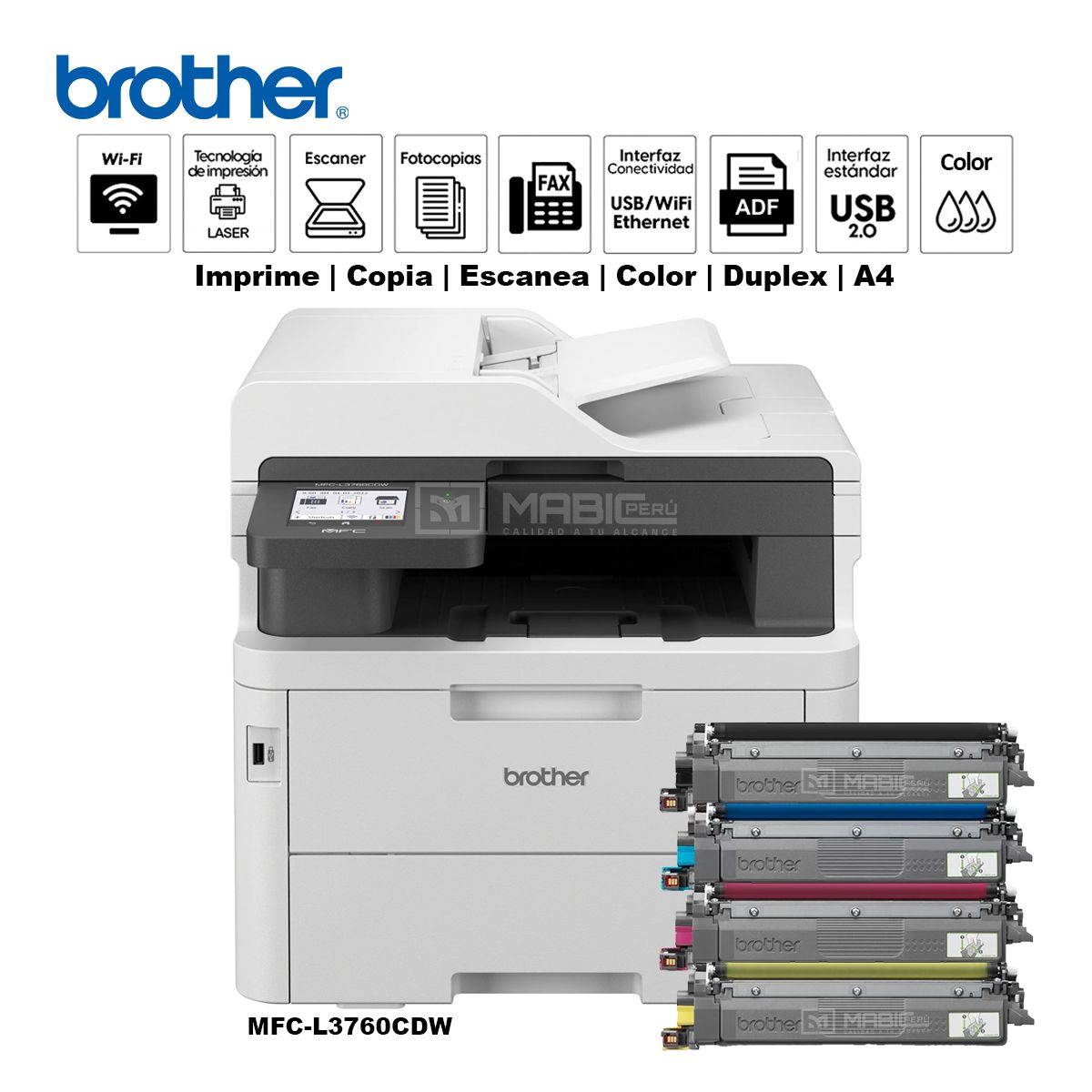 BROTHER - Impresora Láser color Brother MFC-L3760CDW Duplex WIFI Red ADF FAX