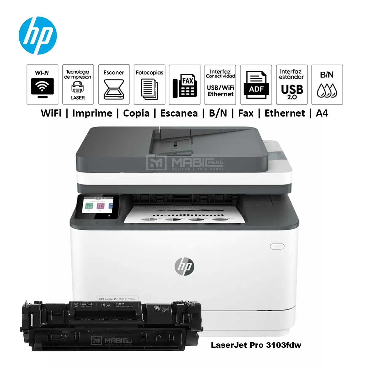 HP - Impresora Hp LaserJet Pro 3103fdw Duplex Wifi Red ADF FAX