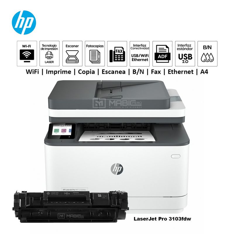 HP - Impresora Hp LaserJet Pro 3103fdw Duplex Wifi Red ADF FAX