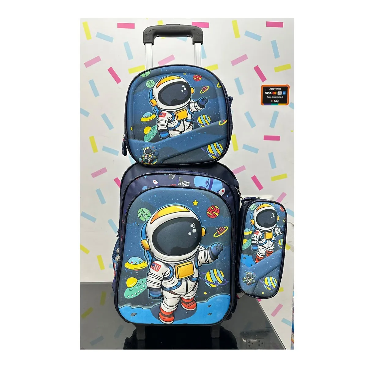 GENERICO - Set Mochila Lonchera Cartuchera Luces Ruedas Eva 3D Astronauta