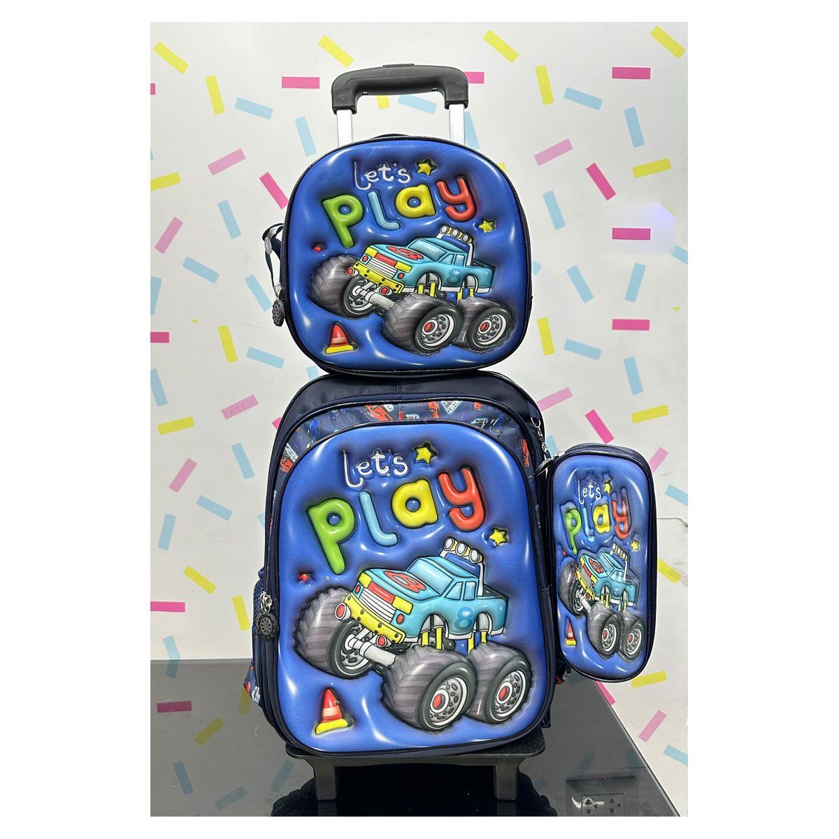 GENERICO - Set Mochila Lonchera Cartuchera Luces Ruedas Eva 3D Car