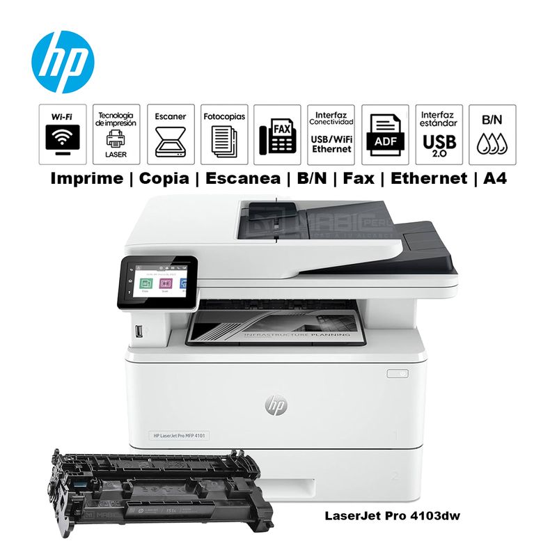 HP - Impresora Hp LaserJet Pro 4103fdw Duplex WIFI Red ADF FAX