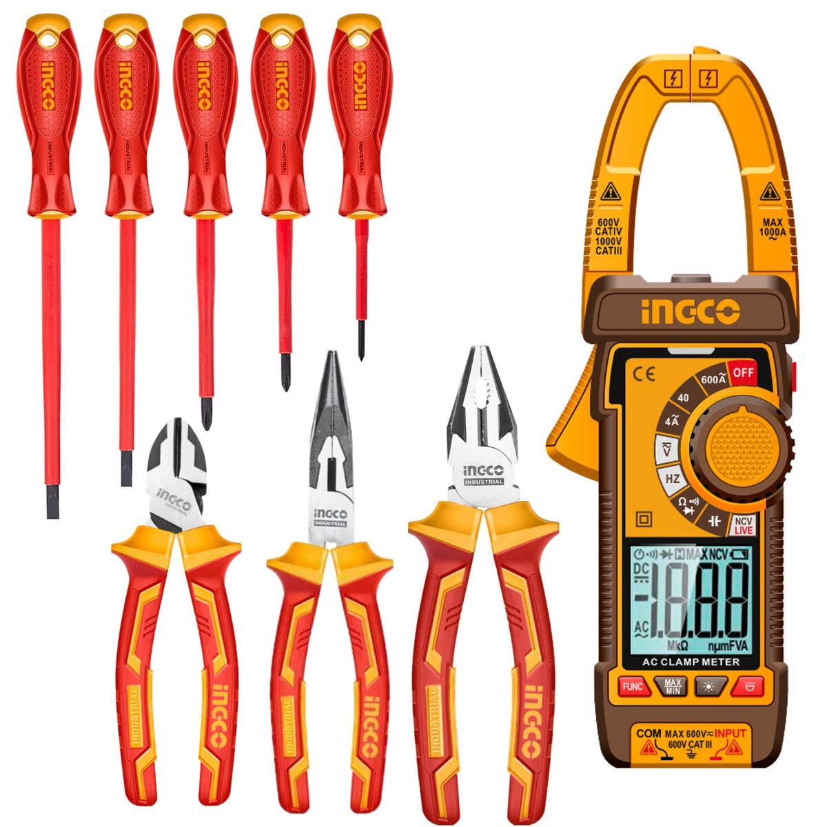 INGCO TOOLS - MULTIMETRO PINZA AMPERIMETRICA  Alicates dieléctricos, 5 desarmadores