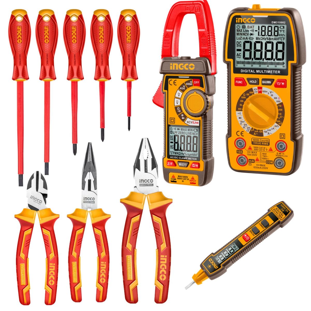 INGCO TOOLS - MULTIMETRO PINZA AMPERIMETRICA Alicates dieléctricos, 5 desarmadores
